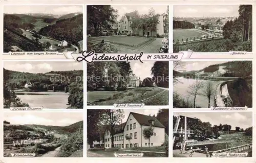 AK / Ansichtskarte LueDENSCHEID NRW Blick vom Langen Nacken Fuerwigge Talsperre Loesenbachtal Jugendherberge Schloss Neuenhof Stadion Fuelbecke Talsperre Freibad Nattenberg