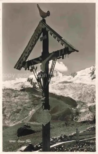 AK / Ansichtskarte Saas-Fee VISP VS INRI Kreuz Blick auf den Gletscher