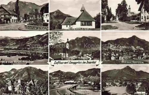 AK / Ansichtskarte Lenggries Bayern Bahnhofstrasse Kirche Dorfpartie Blick zum Karwendelgebirge Geierstein Schloss Hohenburg Neue Isarbruecke Wegscheid