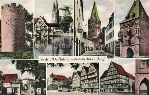 AK / Ansichtskarte Soest DE NRW Kattenturm Grosser Teich Wiesenkirche Rathausstrasse Dom Osthofentor Jacobitor Marktplatz Freiligrath-Haus Fachwerk Historische Gebaeude