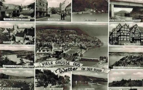 AK / Ansichtskarte Wetter  Ruhr Fliegeraufnahme Ruhrbruecke Kaiserstrasse Harkortsee Volmarsteiner Burgberg Kraftwerk Markt Fuenf Giebel Haeuser Freibad Partien am Harkortsee