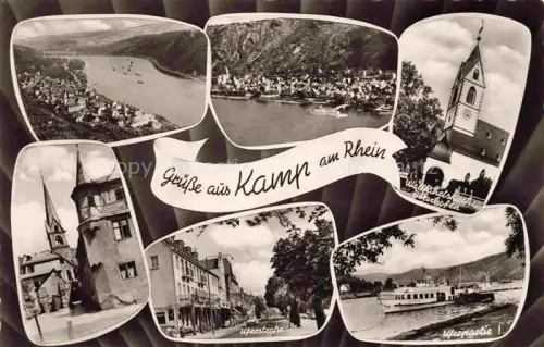 AK / Ansichtskarte Kamp-Bornhofen Rhein Fliegeraufnahmen Wallfahrtskirche Uferstrasse Uferpartie