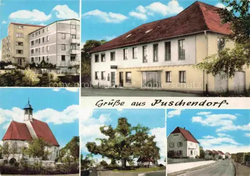 AK / Ansichtskarte Puschendorf Fuerth Bayern Gasthof Gruener Baum Kirche Alter Baum Strassenpartie