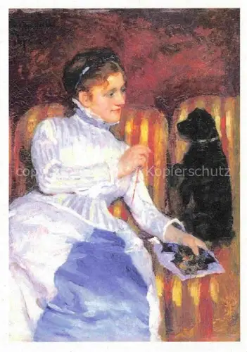AK / Ansichtskarte CAssATT Mary (1844-1926) Kuenstlerkarte Frau Hund gestreifter Sofa 