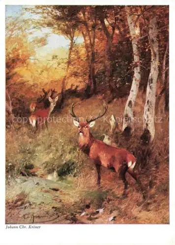 AK / Ansichtskarte KRoeNER Johann Chr. Kuenstlerkarte Brunfthirsch mit Kahlwild