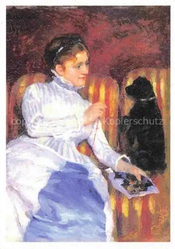 AK / Ansichtskarte CAssATT Mary (1844-1926) Kuenstlerkarte Frau mit Hund gestreifter sofa