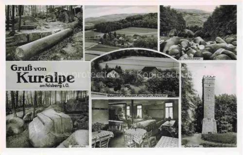 AK / Ansichtskarte Felsberg Odenwald Riesensaeule Panorama Felsenmeer Gasthof Pension Kuralpe Kreuzhof Altarstein Gaststube Ohly Turm
