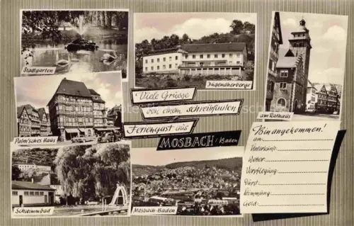 AK / Ansichtskarte Mosbach Baden Neckar-Odenwald-Kreis BW Stadtgarten Jugendherberge Rathaus Palmsches Haus Schwimmbad Ortsansicht