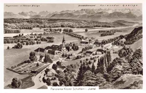 AK / Ansichtskarte Schaeftlarn (Kloster) Isartal Muenchen Bayern Panoramakarte mit Tegernseer Bergen und Karwendel
