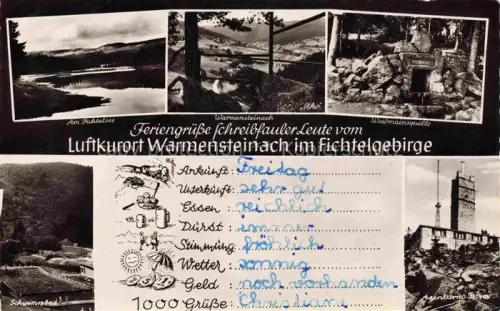 AK / Ansichtskarte Warmensteinach Fichtelsee Ortblick Weissmainsquelle Schwimmbad Asenturm