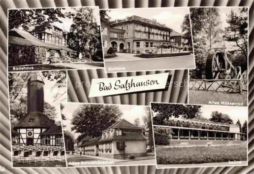 AK / Ansichtskarte Bad Salzhausen Nidda Badehaus Kurhaus Altes Wasserrad Altes Barockhaeuschen Saline