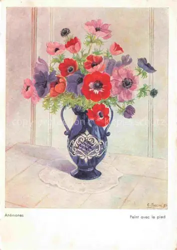 AK / Ansichtskarte PASCHE Ch. Kuenstlerkarte fussgemalt peint avec le pied Anemones Vase 