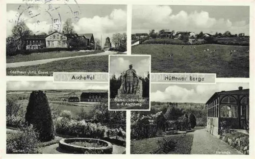 AK / Ansichtskarte Ascheffel Rendsburg-Eckernfoerde Schleswig-Holstein Gasthaus Greve Garten Bismarckdenkmal Huettener Berge Veranda