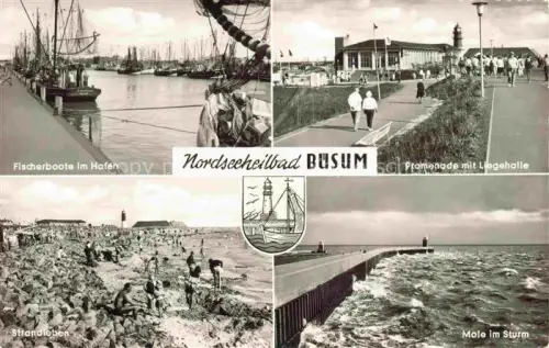 AK / Ansichtskarte BueSUM Nordseebad Fischerboote Promenade mit Liegehalle Stranspartie Mole im Sturm
