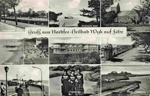 AK / Ansichtskarte WYK  FoeHR Nordfriesland Tennisplatz Meerblick Nieblum Strand Kurmittelhaus Promenade Landungsbruecke Friesinnen Hallig Langeness