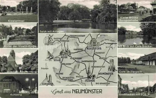 AK / Ansichtskarte NEUMueNSTER  Schleswig-Holstein Klosterinsel Vicelin Kirche Anschar Kirche Kuhberg Teich Kieler Bruecke Cafe Bracker Cafe im Tierpark Grossflecken mit ZOB