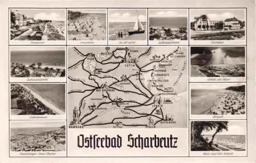 AK / Ansichtskarte SCHARBEUTZ Ostseebad Schleswig-Holstein Promenade Strand Kueste Fliegeraufnahmen Kurhaus Bruchhagen Gebietskarte