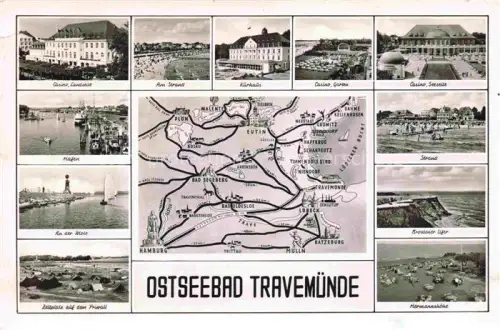 AK / Ansichtskarte TRAVEMueNDE Ostseebad Casino Strand Kurhaus Garten Seeseite Hafen Mole Zeltplatz Brodtener Ufer Hermannshoehe Gebietskarte