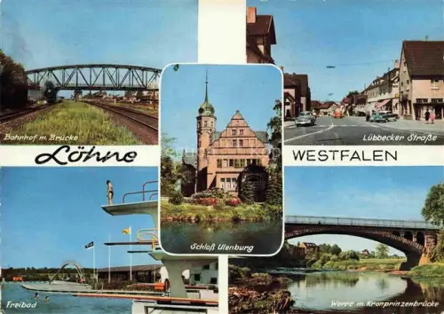 AK / Ansichtskarte Loehne Detmold NRW Bahnhof Bruecke Luebecker Strasse Schloss Ulenburg Freibad Werre mit Kronprinzenbruecke