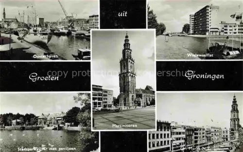 AK / Ansichtskarte GRONINGEN NL Oosterhavn Wielewaalflat Stadsparkvijver met paviljoen Martinitoren Markt
