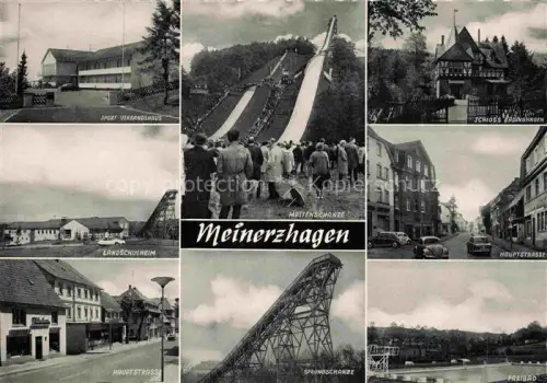 AK / Ansichtskarte Meinerzhagen NRW Sport-Verbandshaus Mattenschanze Schloss Landschulheim Hauptstrasse Sprungschanze Freibad