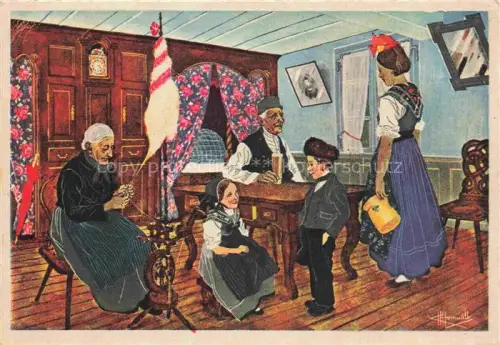 AK / Ansichtskarte Oberseebach Wissembourg Weissenburg Alsace 67 Bas-Rhin Une famille Familienkreis Trachten Kuenstlerkarte