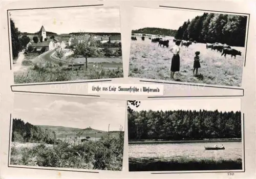 AK / Ansichtskarte Lahr Westerwald Waldbrunn Hessen Ansicht mit Kirche Landschaftspanorama Viehweide Partie am Fluss Sommerfrische