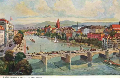 AK / Ansichtskarte BASEL BS Hotel Kraft on the Rhine Stadtplan Kuenstlerkarte