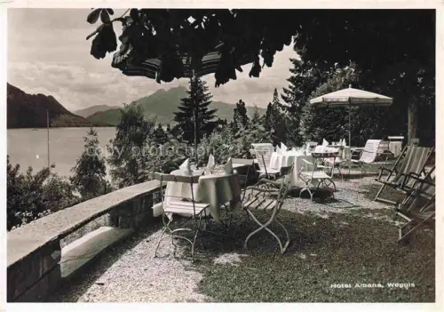 AK / Ansichtskarte Weggis Vierwaldstaettersee LU Hotel Albana Garten Restaurant Blick auf See und Pilatus