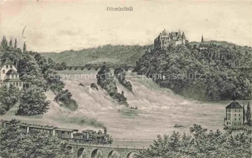 AK / Ansichtskarte SCHAFFHAUSEN  SH Rheinfall Schloesschen Woerth Dampflokomotive Eisenbahn Kuenstlerkarte