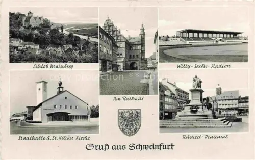 AK / Ansichtskarte SCHWEINFURT Main Schloss Mainberg Rathaus Willy Sachs Stadion Staddthalle und St Kilian Kirche Rueckert Denkmal