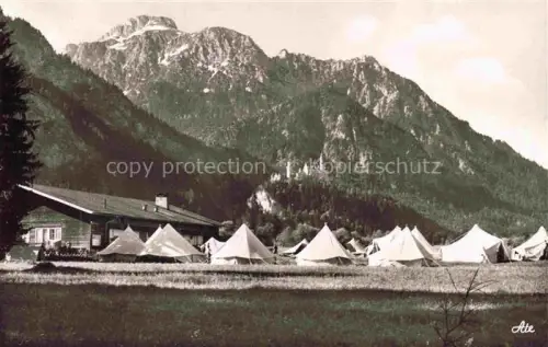 AK / Ansichtskarte Falkenheim Schwangau Ostallgaeu Bayern Panorama Blick auf Schloss Neuschwanstein und Saeuling Zeltlager