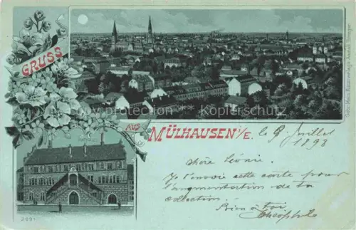AK / Ansichtskarte Muelhausen Elsass Stadtpanorama im Mondschein Rathaus Litho