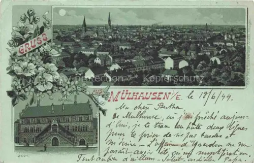 AK / Ansichtskarte Muelhausen Elsass Stadtpanorama im Mondschein Rathaus Litho