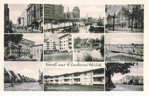 AK / Ansichtskarte ELMSHORN Pinneberg Schleswig-Holstein Koenigstrasse Hafen Bismarck-Oberschule Krankenhaus Lindemannshof Freibad Strassenpartien Siedlung Uferkamp