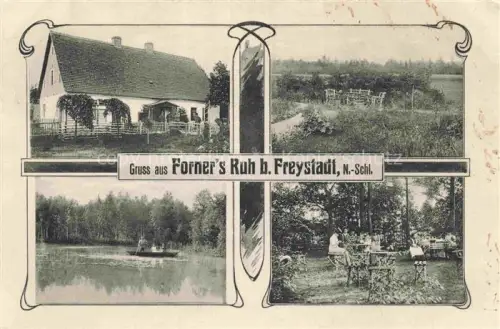 AK / Ansichtskarte Freystadt Niederschlesien Kozuchow PL Forners Ruh Gasthaus Gondelteich Park Terrasse