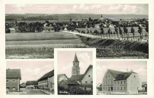 AK / Ansichtskarte Essenbach Niederbayern Landshut Bayern Panorama Strassenpartie Kirche Baeckerei Scheller