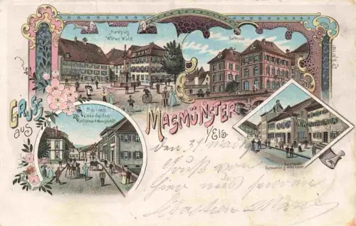 AK / Ansichtskarte Masmuenster Masevaux 68 Haut-Rhin Marktplatz Witwe Welch Thalstrasse Rathhaus Restauration zum roten Ochsen Hauptgasse