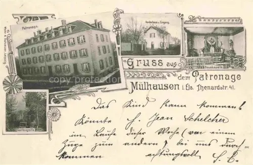 AK / Ansichtskarte Muelhausen Elsass Patronage Vorderhaus Eingang Hauskapelle Gartengrotte