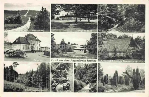 AK / Ansichtskarte Sproetze Buchholz Nordheide Niedersachsen Jugendheim Brunsberg Hoellenschlucht Bahnhof Niedersaechsisches Bauernhaus Forst Rehgrab Landschaft