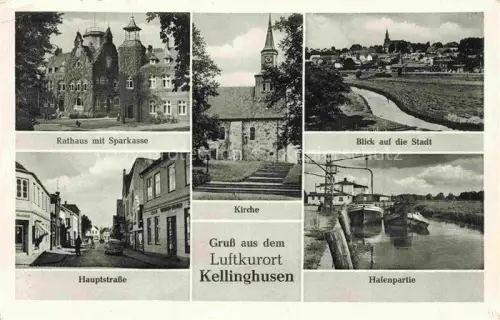 AK / Ansichtskarte Kellinghusen Rathaus Sparkasse Kirche Partie am Bach Hauptstrasse Hafen