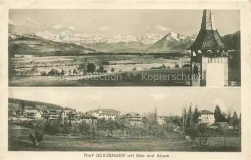 AK / Ansichtskarte Gerzensee Seftigen BE Panorama Kirchturm Alpenkette