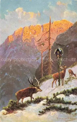 AK / Ansichtskarte MueLLER junior Kuenstlerkarte Muenchen Hirsch Rehe