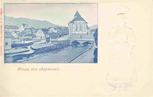 AK / Ansichtskarte Appenzell-Stadt IR Partie am Fluss Blick zur Kirche Trachten