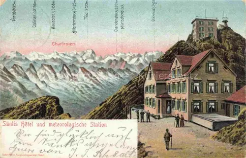 AK / Ansichtskarte Saentis 2504m Appenzell AR Saentis Hotel und meteorologische Station Blick gegen Churfirsten Kuenstlerkarte