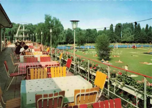 AK / Ansichtskarte RuessELSHEIM Main Gross-Gerau Hessen Staedtisches Schwimmbad Restaurant Terrasse
