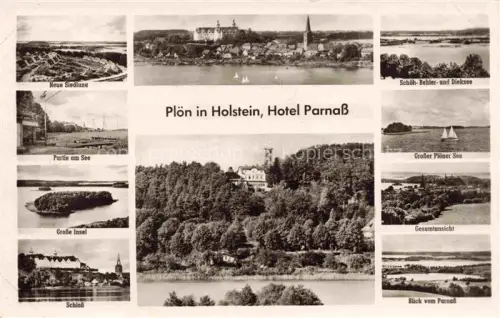 AK / Ansichtskarte Ploen am See Schleswig-Holstein Neue Siedlung Seepartie Panorma Gr Insel Schloss Blick vom Hotel Parnass