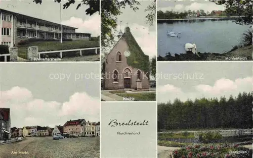 AK / Ansichtskarte Bredstedt Nordfriesland Schleswig-Holstein Kreisaltersheim Kirche Muehlenteich Markt Quickhorn
