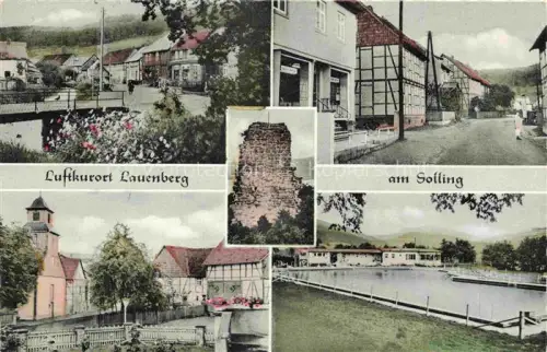 AK / Ansichtskarte Lauenberg Solling Dassel Niedersachsen Ortsmotive Hauptstrasse Kirche Freibad