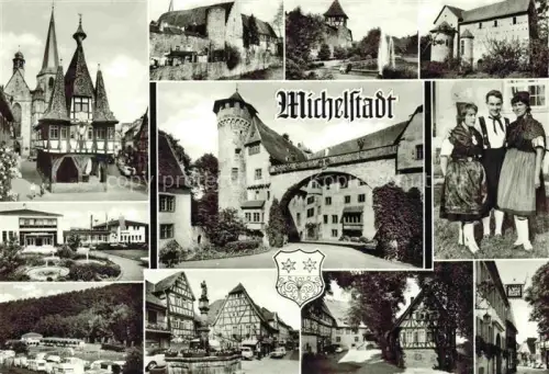 AK / Ansichtskarte Michelstadt Odenwald Hessen Orts und Teilansichten Stadttor Brunnen Trachtengruppe